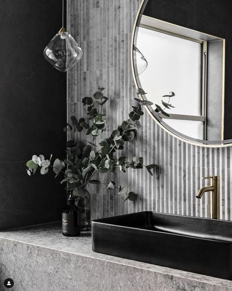 Dark Powder Room Ideas, Dark Powder Room, Dark Grey Bathroom, Kitchen Quotes Decor, Black Interiors, Property Agent, Dark Gray Bathroom, Grey Wall Tiles, Powder Room Vanity