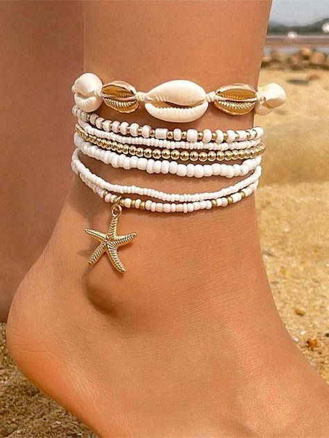 7pcs Bohemian Style Beachy Sea Star, Shell And Rice Bead Elastic Anklet Set, SummerI discovered amazing products on SHEIN.com, come check them out! Beachy Anklets, Thigh Chain, Anklet Set, Surf Jewelry, Preppy Jewelry, Ankle Jewelry, Women Anklets, Rice Bead, Handmade Fashion Jewelry