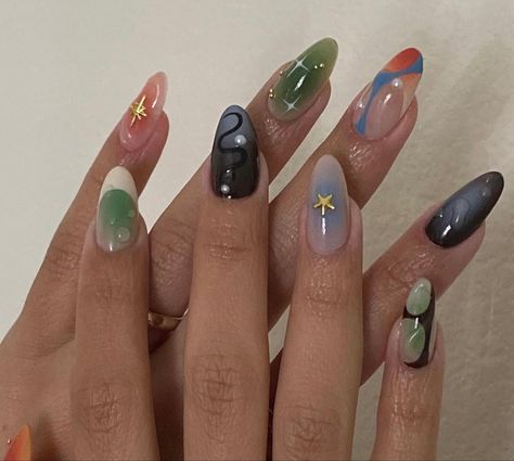 Nails Long Summer, Aesthetic Almond Nails, Nails 2023 Trends Summer, Long Summer Nails, Nail Inspo Trendy, Mix Match Nails, Hippie Nails, Pretty Gel Nails, Soft Nails