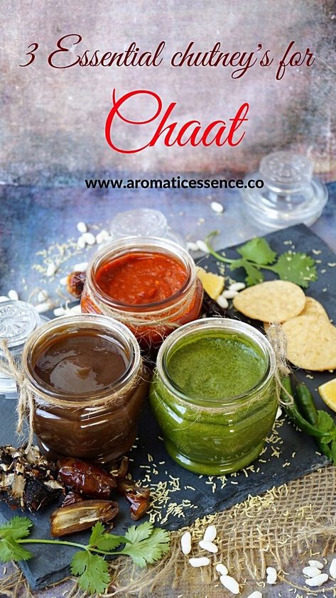 Chaat chutneys for Indian chaat snacks. Spicy red chilli garlic chutney, coriander-mint chutney and date-tamarind chutney recipe. Snacks Spicy, Indian Chaat, Different Sauces, Indian Chutney Recipes, Indian Sauces, Chats Recipe, Mint Chutney, Garlic Chutney, Tamarind Chutney