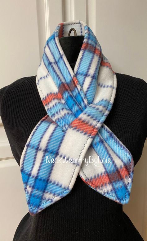 Scarf Keyhole, Fleece Sewing Projects, Winter Scarf Gift, Blue Plaid Scarf, Keyhole Scarf, Fleece Neck Warmer, Sweater Mittens, Sewing Fleece, Upcycle Sewing