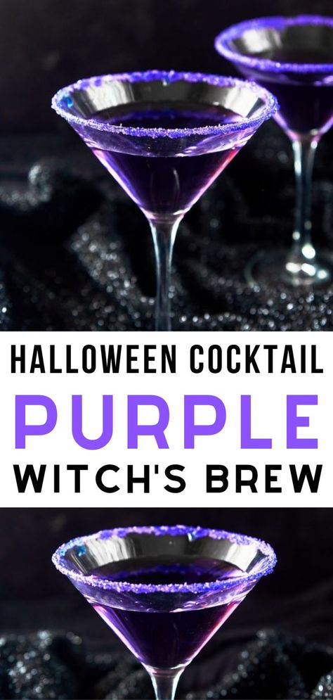 Purple Witch's Brew: Delicious Halloween Cocktail RecipeI cocktail recipes for halloween I drink recipes for halloween I homemade cocktails for halloween I festive cocktail recipes I how to make easy cocktails for halloween I purple cocktail recipe I vegan halloween cocktail recipe I easy halloween recipes I quick vegan drinks #halloweendrinks #vegancocktails #halloweenpotion Purple Shots Recipe, Purple Cocktails Recipe, Purple Gin, Alcohol Ideas, Colorful Recipes, Halloween Themed Snacks, Maleficent Halloween, Purple Cocktails, Purple Food Coloring