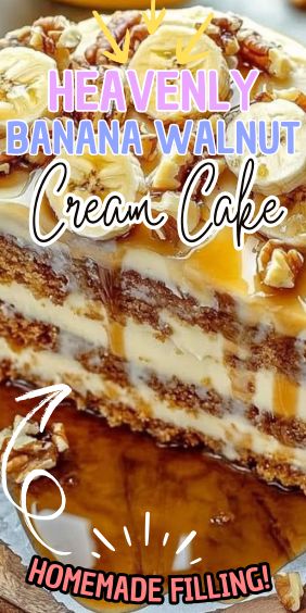 Heavenly Banana Walnut Cream Cake Heavenly Banana Walnut Cream Cake Recipe, Heavenly Banana Walnut Cream Cake, Banana Cream Cake Recipe, Banana Walnut Cream Cake Recipe, Banana Pecan Cake, Banana Cake With Walnuts Recipe, Banana And Walnut Cake, Banana Walnut Cream Cake, Banana Flip Cake Recipe