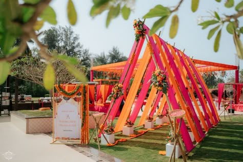 Photo from Abha and Aditya Wedding Haldi Pathway Decor, Haldi Passage Decor, Maharashtrian Wedding Decoration, Mehendi Entrance Decor, Mehendi Setup Mehndi Decor, Outdoor Mehendi Decor Ideas, Haldi Entrance Decor, Mehndi Function Decoration, Haldi Carnival