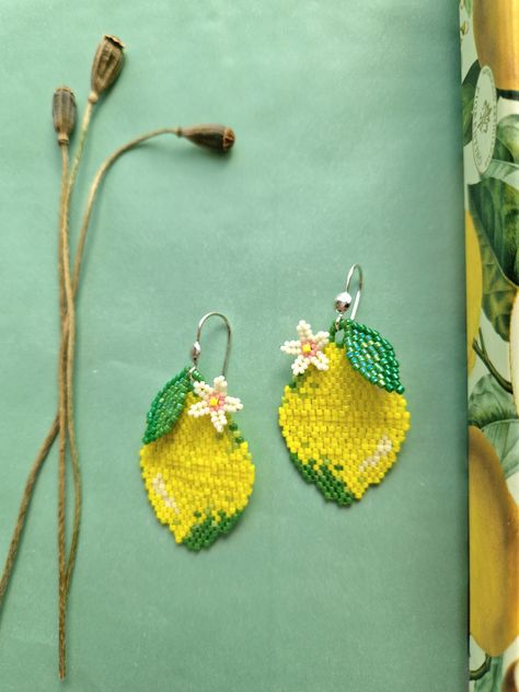 Beaded Lemon Earrings, Lemon Earrings, Lemon Flowers, Lemon Trees, Lemon Leaves, The French Riviera, French Riviera, Jewelry Tutorials, Sterling Silber