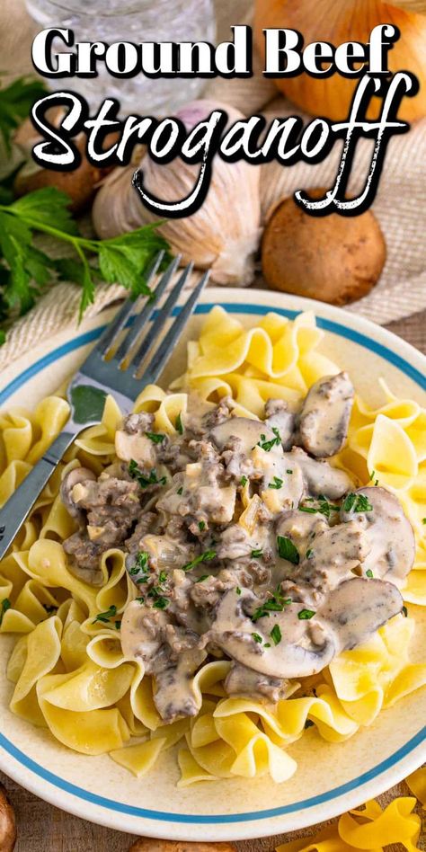 This Ground Beef Stroganoff is the perfect comforting weeknight meal that comes together quickly and easily. Hamburger is mixed with mushroom, onions, garlic, cream, sour cream and more, making this an irresistible feast. Ground Meat Dinners, Easy Ground Beef Stroganoff, Hamburger Stroganoff, Melissas Southern Style Kitchen, Ground Beef Stroganoff, Beef Pasta, Stroganoff Recipe, Meat Dinners, Slow Cooked Beef