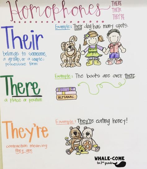 Homophones Anchor Chart: There, Their, They're #homophones Homophones Anchor Chart, Their There They're, There Their They're, Classroom Needs, Primary Writing, 5th Grade Writing, Grammar For Kids, Classroom Anchor Charts, Phonics Rules