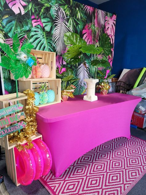 Tropical Birthday Backdrop Ideas, Summer Vibes Decoration Party, Tropical Tent Decor, Miami Party Theme Decor, Miami Vice Table Decor, 50th Birthday Beach Party Ideas, Paradise Theme Party Decor, Miami Theme Birthday Party, Hawaiian 40th Birthday Party