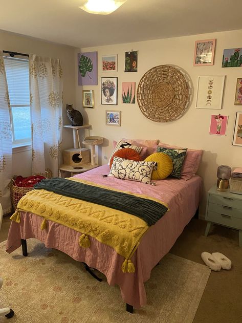 My bedroom. On the left side is a basket where I put my pillows for when I go to sleep. Also on the left side is Milkshake's cat tree. On the right, I have a nightstand with a lamp and skincare fridge. Virginia Apartment, Future Room, Apartment Chic, Living Room Decor Inspiration, Virginia Homes, Exposed Brick Walls, Apartment Life, Tiny Apartment, Cozy Fireplace