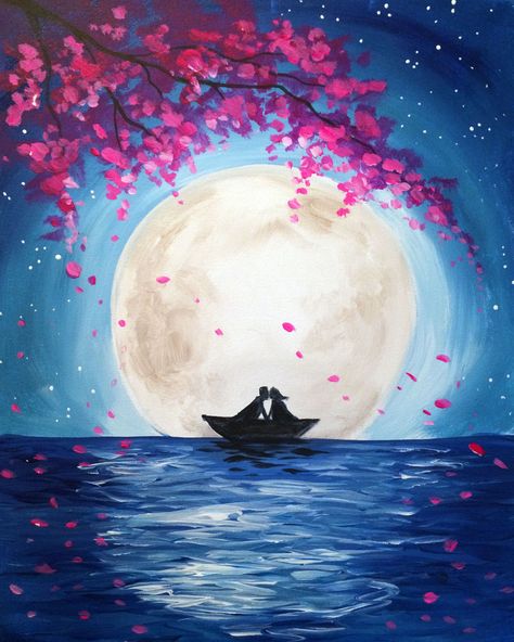 Moonlight Romance is the perfect painting to paint with a date! Find it at your local Pinot's Palette! #moonpainting #moonart #cherryblossoms Painting Ideas Easy Abstract, Landscape Paintings For Beginners, Easy Tree Painting, Acrylic Painting Ideas Easy, Simple Acrylic Painting Ideas, Tree Painting Ideas, Landscape Painting Ideas For Beginners, Easy Landscape Painting Ideas, Easy Painting Ideas For Beginners