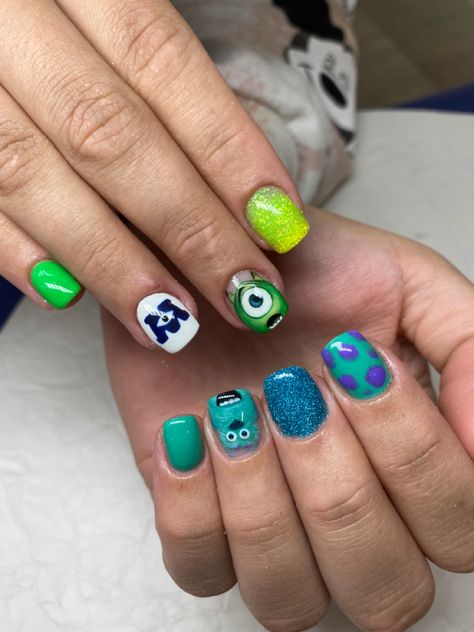 Sully Nails Monsters Inc, Monsters Ink Nails, Monster Ink Nails, Mike Wazowski Nails, Monsters Inc Nail Art, Mercedes Nails, Pixar Nails, Monster Inc Nails, Disneyland Nails