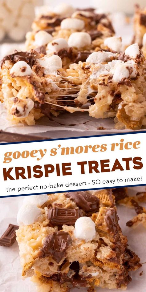 These gooey s'mores rice krispie treats are such an easy and fun to make dessert. This version is actually baked for just a few minutes to get the marshmallows on top nice and toasty, and the chocolate bars melted, just like a campfire s'more! Smores Rice Crispy Treats, Sweet Treat Recipes, Rice Crispy Bars, Easy Dinner Desserts, Rice Krispie Treats Recipe, Homemade Rice Krispies Treats, Rice Crispy Treats Recipe, Bars Dessert, Bake Sweets