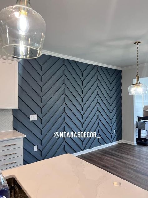 Herringbone Accent Wall Dining Room, Black Panel Accent Wall Bedroom, Removeable Accent Wall, Herringbone Wall Paneling, Chevron Wall Panelling, Accent Walls With Windows, Big Wall Design, Half Bathroom Accent Wall, Focal Wall Ideas Living Room