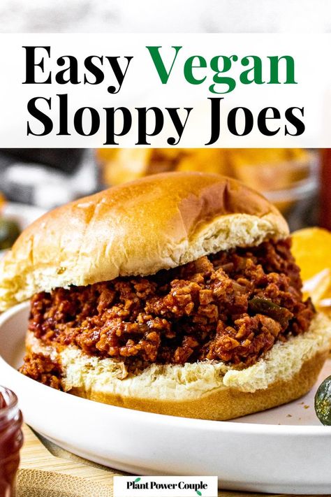 Head on shot of a meatless sloppy joe sandwich on a round white plate. Text reads: easy vegan sloppy joes". Tvp Recipes, Lentil Sloppy Joes, Vegan Sloppy Joes, Bbq Chips, Sloppy Joe Sauce, Vegan Worcestershire Sauce, Recipe For Dinner, Sloppy Joes Recipe, Sweet Potato Breakfast