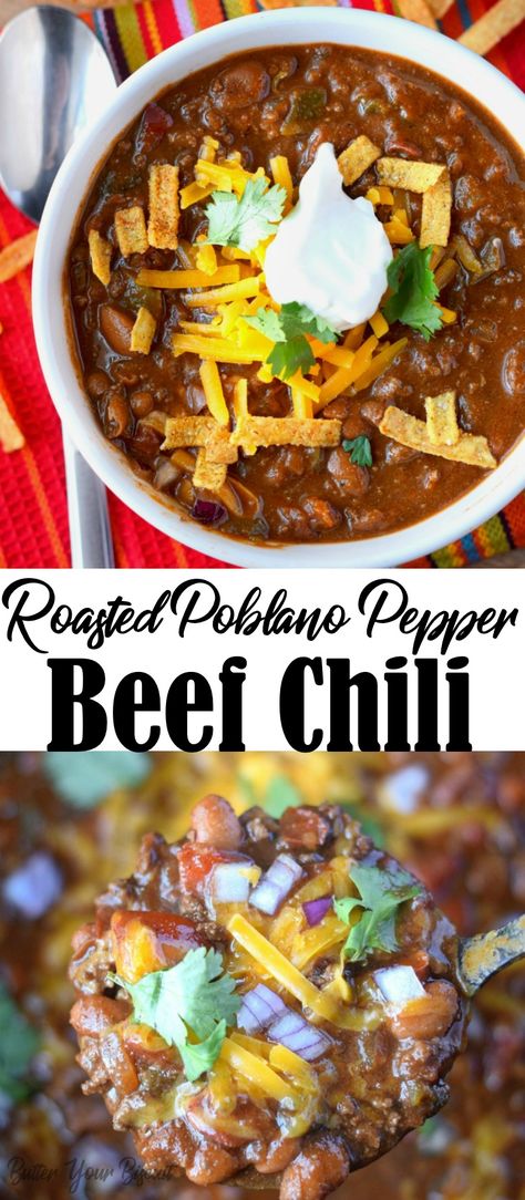 Poblano Recipes, Poblano Peppers Recipes, Poblano Chili, Pepper Beef, Poblano Pepper, Roasted Poblano Peppers, Beef Chili Recipe, Roasted Poblano, Chili Recipe Crockpot