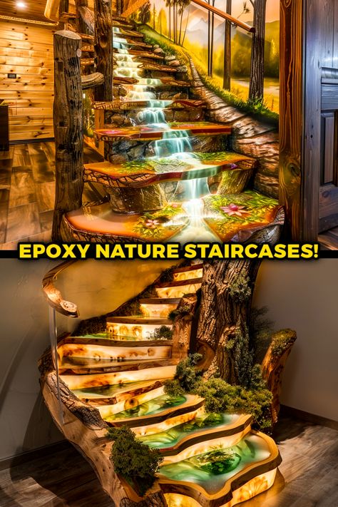 Discover the essence of nature indoors with our exquisite Epoxy Nature Staircase Designs. Each step is a journey through organic beauty, seamlessly blending artistry and functionality. Elevate your home aesthetic with these captivating designs. #EpoxyStairs #NatureInDesign #InteriorInspiration #HomeDecor Resin Staircase, Nature Staircase, Amazing Staircases, Epoxy Furniture, Staircase Designs, Marble Staircase, Amazing Homes, Floor Wallpaper, Fantasy Homes