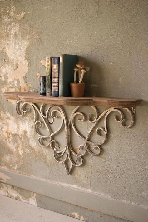 Kalalou Wood Top Shelf With Metal Filigree Detail Shelves Metal, Farmhouse Style Lighting, Shelves Floating, Vibeke Design, Wooden Floating Shelves, Wall Shelves Design, Shelf Design, Top Shelf, Iron Decor