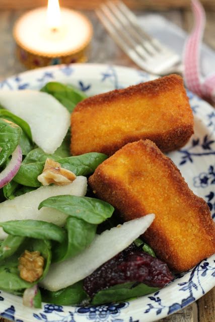 Christmas Starter - Deep Fried Brie with a Pear & Walnut Salad and Cranberry Sauce | Nessa's Family Kitchen Christmas Entree, Xmas Starters, Christmas Dinner Starters, Fried Brie, Christmas Entrees, Pear Walnut Salad, Christmas Starter, Christmas Menus, Starter Ideas