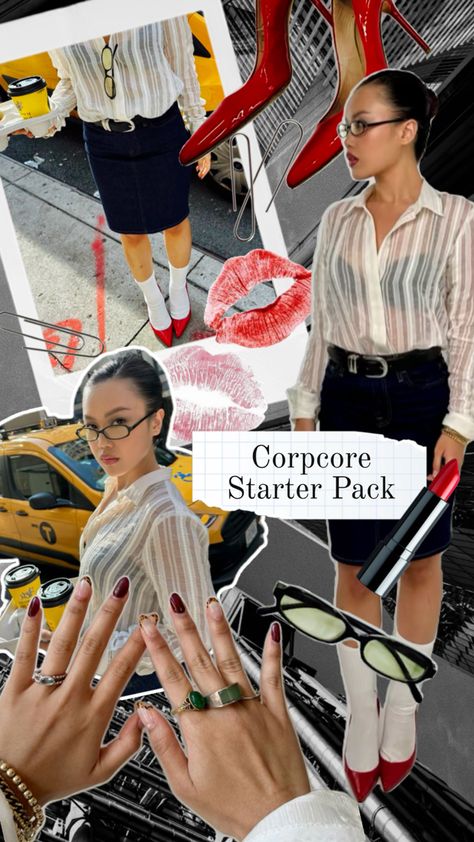 Discover trendy new styles and experiment with a fresh look this season. Here’s your starter pack for achieving Corpcore with makeup, hair, nails, and outfit ideas. Aesthetic Starter Pack, Outfit Collage, Professional Image, Hair Nails, Church Outfits, Fresh Look, Starter Pack, Makeup Hair, College Outfits