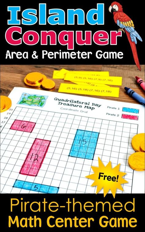 Kids love playing Island Conquer, a free pirate-themed math center game for practicing area and perimeter. Click over to Laura Candler's blog to download this freebie now! #mathgames #areaandperimeter Area Math Activities, Area And Perimeter Games, Perimeter Games, Geometry Math Games, Elementary Games, Math Club, Math Center Games, Area Perimeter, Teacher Toolkit