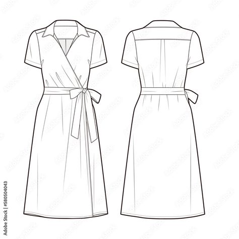 Dress Technical Drawing, Dress Vector, Fashion Vector, Womens Wrap Dress, Wrap Dress Short, Vector Sketch, Cad Drawing, Technical Drawing, Dress Fashion