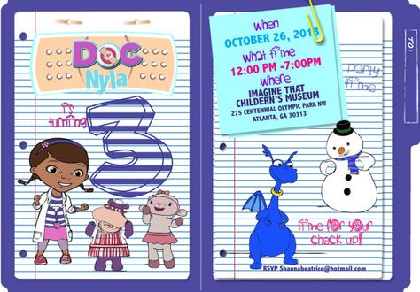 Doc Mcstuffin Birthday Invitations Printed by Cre8tiveMoi on Etsy, $60.00 Dc Mcstuffins, Doc Mcstuffin, Doc Mcstuffins Birthday Party, Doc Mcstuffins Party, Doc Mcstuffins Birthday, Lego Birthday Party, Creative Invitations, The Invitation, Doc Mcstuffins