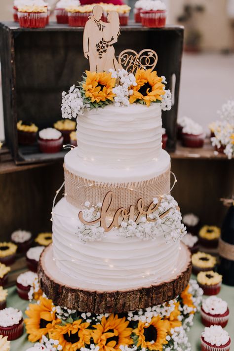 Fall Wedding Cakes Sunflowers, Sunflowers Wedding Cake, Burgundy And Sunflower Wedding Cake, Sunflower Theme Wedding Cake, Fall Sunflower Wedding Cake, Wedding Dress With Sunflowers, Simple Sunflower Wedding Cake, Sunflower Wedding Cake Ideas, Rustic Sunflower Wedding Cake