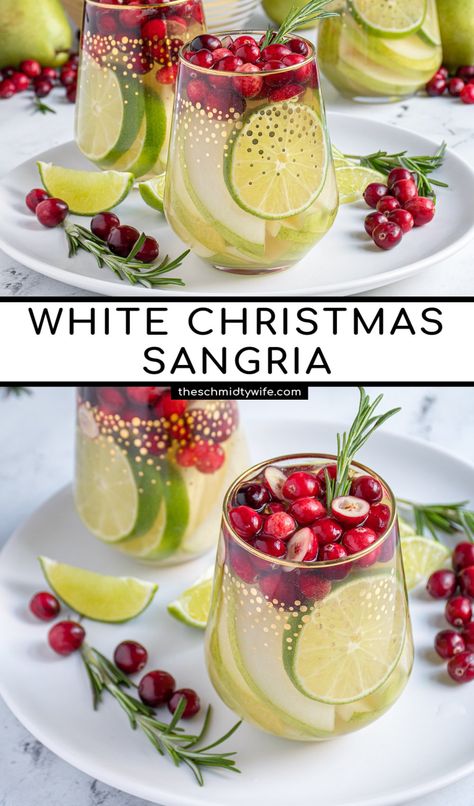 The perfect holiday cocktail, White Christmas Sangria. This wintery white wine sangria is full of pears, limes, and cranberries then topped off with ginger beer. Great for serving at a holiday party! White Christmas Sangria, Christmas Sangria, Winter Sangria, Christmas Sangria White, White Christmas Sangria Recipe Holiday White Wine Sangria, White Sangria Christmas Recipe, New Years Eve Sangria, Winter White Wine Sangria, Christmas Wine Night Ideas, Christmas Wine Cocktail Recipes, Holiday Drinks Recipes, Sangria Charcuterie Board, Nye Sangria