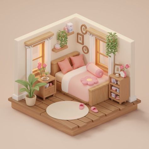 3d Interior Design, Isometric Art, Isometric Design, Pink Bedroom, Sims 4 Houses, 3d Modelling, Sims House, Blender 3d, Cozy Room