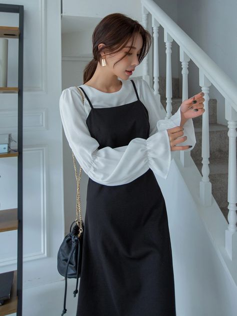 DAZY Flounce Sleeve Top & Tie Back Cami Dress | SHEIN USA Black Bottom White Top Outfit, Layered White Dress Outfit, Black And White Modest Outfits, White Dress Layering Outfit, Long Sleeve Black Outfit, Elegant Black And White Outfits, Black And White Elegant Outfit, Cami Dress Outfit Layering, Bottom Hourglass Outfits