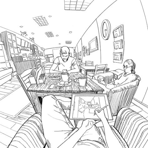 ArtStation - Fisheye Sketches From Life + Video, Joseph Nickson Pov Sketch, Drawing Warmups, Fisheye Drawing, Fisheye Sketch, Fish Eye Drawing, Grunge Art Sketches, Fisheye Perspective, Perspective Practice, My Surroundings