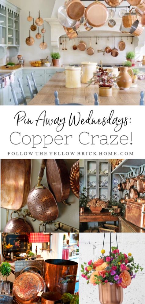 Copper Decor Kitchen Ideas, Decorating With Copper Pots, Vintage Copper Kitchen Decor, Decorating With Copper Accents, Copper Pot Display, Decorating With Brass Accents, Copper Bowl Decor Ideas, Decorating With Copper In The Kitchen, Copper Kettle Decor Ideas