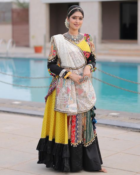 SHAKTI - Navratri collection 2024 Make every twirl in style and authenticity of our heritage! This beautifully crafted piece embodies 9 kalis of 9 colours so neatly, multicolour blouse with the vintage patch and the hangings makes it stylish and the unique dupatta gives the final grace to the outfit! DM or whatsapp on +91 7567984621 to buy this! HMuA : @prieti_salon Jewellery : @auraartjewels #garbafashion #chaniyacholi #navratrifashion #ethnicwear Multicolour Blouse, Navratri Collection, Vintage Patches, Chaniya Choli, The Outfit, The Vintage, Latest Trends, Saree, How To Wear