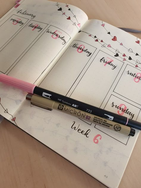 February Weekly Planner, Bujo Valentine's Day, Valentines Day Journal Ideas, February Weekly Spread Bullet Journal, Valentines Bujo, Febuary Spreads Bullet Journal, February Monthly Spread, February Weekly Spread, Valentines Day Theme