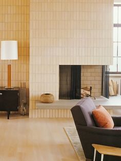 Large Wall Art Modern, Fireplace Not Centered On Wall, Aero Studios, Subway Tile Fireplace, Built Fireplace, Mid Century Modern Fireplace, Living Room New York, Tv Walls, Baden Powell