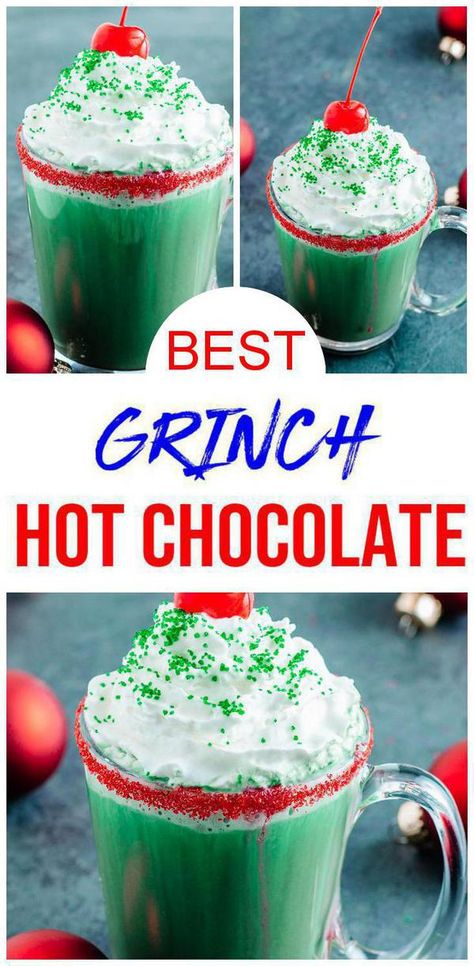 HO HO HO - Check out this Grinch hot chocolate. Best Christmas hot chocolate drink recipe. Simple & quick green hot chocolate that is Grinch inspired. Make this Grinch hot chocolate for movie night, looking at Christmas lights or after dinner dessert drinks. Tasty & delish homemade hot chocolate w/ whipped cream. Make yummy hot chocolate for Christmas that kids will love. For more #hotchocolate recipes see KimspiredDIY #drinks Grinch Hot Cocoa Bar, Yule Treats, Grinch Hot Cocoa, Green Hot Chocolate, Grinch Hot Chocolate, Grinch Drink, Grinch Movie, Christmas Drinks Recipes, Beverage Ideas