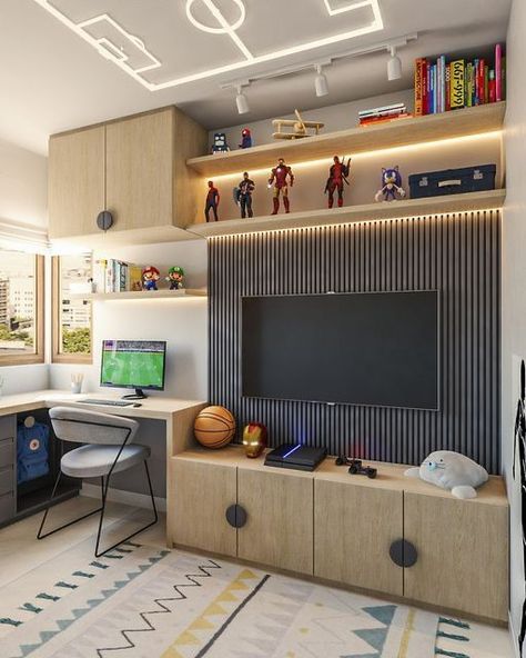 Floor Planks On Walls, Boys Room Tv Wall, Ikea Gamer Room, Teen Marvel Bedroom, Boys Room With Desk, Young Boy Room Ideas, 8 Year Boy Room Ideas, Kids Tv Room, Teenager Bedroom Design