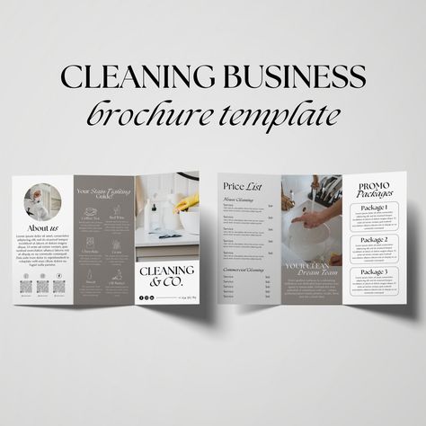 Our Cleaning Services Brochure Template is the best marketing tool for your housekeeping or cleaning services. This brochure template, which can be easily customized to meet your cleaning company's specific needs, is an excellent approach to market and enhance your cleaning service. Our Cleaning Trifold Brochure Template stands out from the crowd with its slick design and modern style. It's more than simply a marketing plan; it's a strategy for attracting new clients while retaining existing ones. Don't pass up the opportunity to get your cleaning business noticed - create a lasting impression now with our brochure template! ♡ Note: It's a digital item and no physical items will be shipped to you. ♡ What is included? - Brochure Design - size 29.7cm x 21cm - A PDF with instructions to acces Cleaning Company Marketing, Cleaning Brochure, Cleaning Company Flyer Ideas, Cleaning Service Flyer Design, Cleaning Service Brochure, Cleaning Company Flyer, Service Brochure, Cleaning Agency, Services Brochure