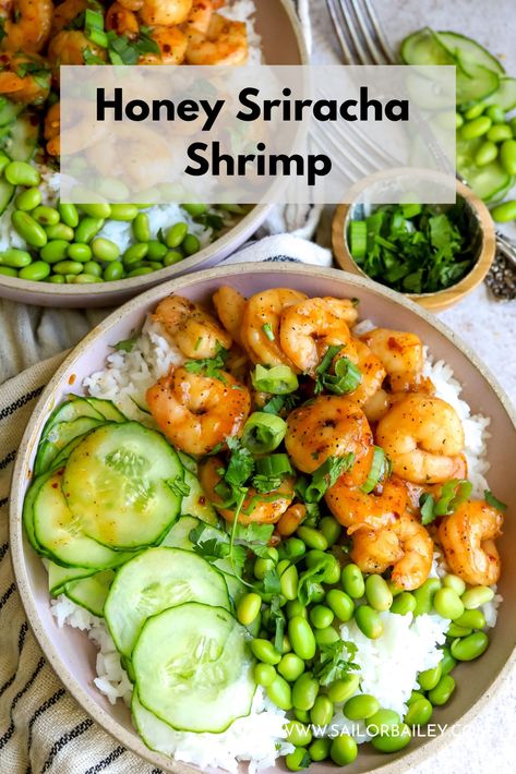 Honey Sriracha Shrimp is blasted with sweet and spicy flavors, a sticky easy sauce and an ultimate healthy weeknight meal. via @sailor_bailey Sriracha Honey Shrimp, Healthy Shrimp Sauce, Honey Shrimp Bowl, Asian Flavored Shrimp, Sriracha Shrimp Recipes, Sailor Bailey Honey Sriracha Shrimp, Honey Shrimp Salad, Healthy Asian Shrimp Recipes, Shrimp Bowl Recipe Asian