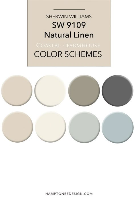 Try these coordinating color schemes using SW 9109 Natural Linen color paint. These two palettes are great for coastal and farmhouse themes to use throughout the house. Natural Linen is a perfect neutral paint color that can work in any home decor though. #sw9109 #naturallinen #sherwinwilliamspaintcolor Natural Living Room Paint Colors, Best Linen Paint Color, Coordinating House Paint Colors, Neutral Color Palette For Home Sherwin Williams, Sherwood Williams Paint Colors 2022, Neutral Linen Bedroom, Sw9109 Natural Linen, Paint By Room Color Schemes, Natural Linen Wall Color