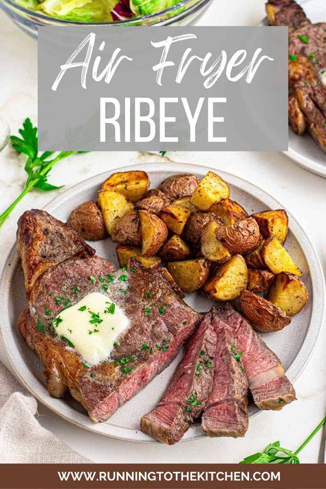 Cooking ribeye steaks in the air fryer is a game-changer for enjoying a tender, juicy and flavorful dinner in just minutes. Cooked to medium-rare perfection and seasoned simply, these air fryer ribeyes need nothing more than a pat of butter and sprinkling of parsley to serve. Steaks In Air Fryer, Air Fryer Ribeye Steak, Air Fryer Ribeye, Oven Steak Recipes, Boneless Ribeye Steak, Expensive Steak, Rib Eye Recipes, Cooking Ribeye Steak, Flavorful Dinner