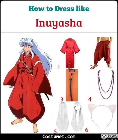 Inuyasha costume is a red kimono set with matching trouses. He also has a beaded necklace, a samurai sword, long white mane, and dog ears.            #Male #male #cartoon #tv #monster #samurai #anime #Inuyasha #whitehair Inuyasha Costume, Inuyasha Full Demon, Inuyasha And Kagome Cosplay, Inuyasha Necklace, Great Dog Demon Inuyasha, Inuyasha Cosplay, Red Kimono, Cosplay Tips, Costume Patterns