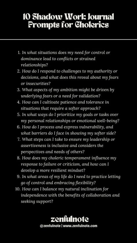 For a choleric personality type, known for their ambition, leadership, and strong-willed nature, shadow work can be a profound tool for uncovering the complexities behind their drive and exploring ways to balance their assertiveness with empathy and self-reflection. Engaging with these questions can offer insights into managing your strong drive and assertiveness while fostering meaningful connections, empathy, and a well-rounded approach to leadership and personal development. Choleric Personality, Shadow Work Journal Prompts, Work Journal Prompts, Shadow Work Spiritual, Shadow Work Journal, Work Journal, Self Care Bullet Journal, Writing Therapy, Self Concept