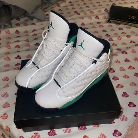 Jordan 13 “lucky green” size 3.5y Jordan 13 Lucky Green Outfit, Lucky Green Outfit, Jordan 13 Lucky Green, Green Jordans, Lucky Green, Jordan 13, Green Outfit, Wedge Sneaker, The Original