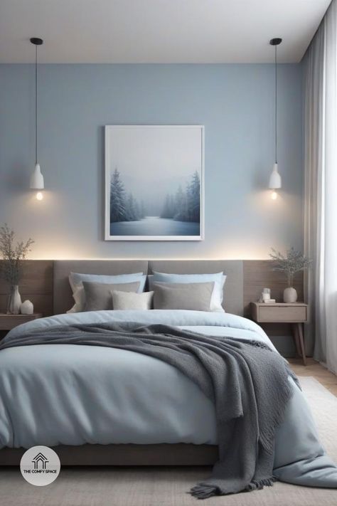 Ready to embrace winter vibes? Discover how to elevate your neutral bedroom into a warm and inviting retreat this season. With soothing winter hues like soft blues and rich greys, you can create a serene atmosphere that reflects the beauty of winter. Dive into our top decor tips and styling ideas for a stylish and modern aesthetic that feels like a warm hug. Cozy up your space today!#WinterDecor #CozyVibes #HomeStyling #InteriorDesign #BedroomGoals Blue And White Room Bedroom, Grey Blue Bedroom Ideas, Light Blue Wall Bedroom Ideas, Grey Blue Bedroom, Bedroom Ideas Scandinavian, Airbnb Bedroom, Comfy Space, Blue Gray Bedroom, Blue Bedroom Walls