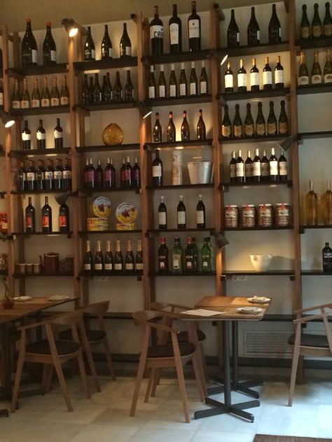 Restaurant Shelves Design, Wine Shelf Restaurant, Wine Bar Decoration, Wood Bar Shelving, Wine Shop Shelving, Wine Bar Decor Restaurant, Cosy Wine Bar, Wine And Tapas Bar, Tapas Bar Design Interiors