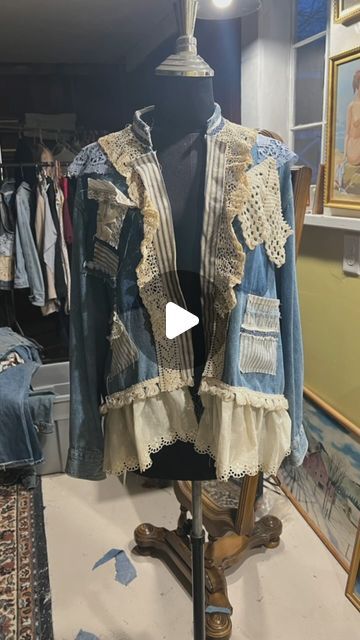 Heather on Instagram: "I had this idea to take this vintage 1980’s denim button up shirt and make it into something different and unique! I used lots of old lace and scrap fabric. Some old doilies and a quilt block for the back. I took off the pockets and added new ones. I couldn’t decide on if I should add lace to the cuffs or not. It’s fun and definitely unique! #upcycledclothing #vintageupcycleclothing #remakevintageclothes #shabbychicclothing #vintagelace #vintagefabric #clothingupcycle #denimshirtremake" Sewing With Denim Scraps, Upcycle Clothes Diy Refashioning, Shirt Makeover, Clothing Upcycle, Shabby Chic Clothes, Upcycle Clothes Diy, Scrap Fabric, Something Different, Upcycled Vintage