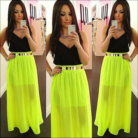 Neon maxi skirt Neon Yellow Outfit, Neon Maxi Skirt, Neon Top, Mode Boho, Ankle Length Dress, Yellow Outfit, High Waist Dress, Black Neon, Black Skirt