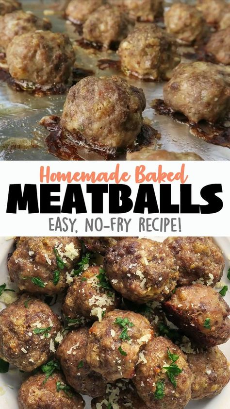 These Baked Meatballs are perfect for an easy weeknight dinner, that easily converts into several meals! Spicy Meatballs Appetizers, Homemade Baked Meatballs, Hamburger Ideas, Recipes Meatballs, Easy Marinara Sauce, Fried Meatballs, Baked Meatballs, Marinara Recipe, Spicy Meatballs