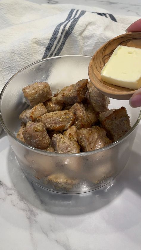 Garlic Parmesan Pork Bites-3 Dry Garlic Pork Bites, Garlic Pork Bites, Pork Bites, Creamy Garlic, Garlic Parmesan, Chopped Onions, Pork Chops, Parmesan, Dinner Ideas